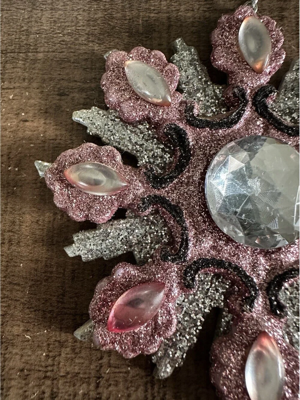 Pink Glitter Snowflake Christmas Ornament Faux Gem Rhinestone Holiday Decor